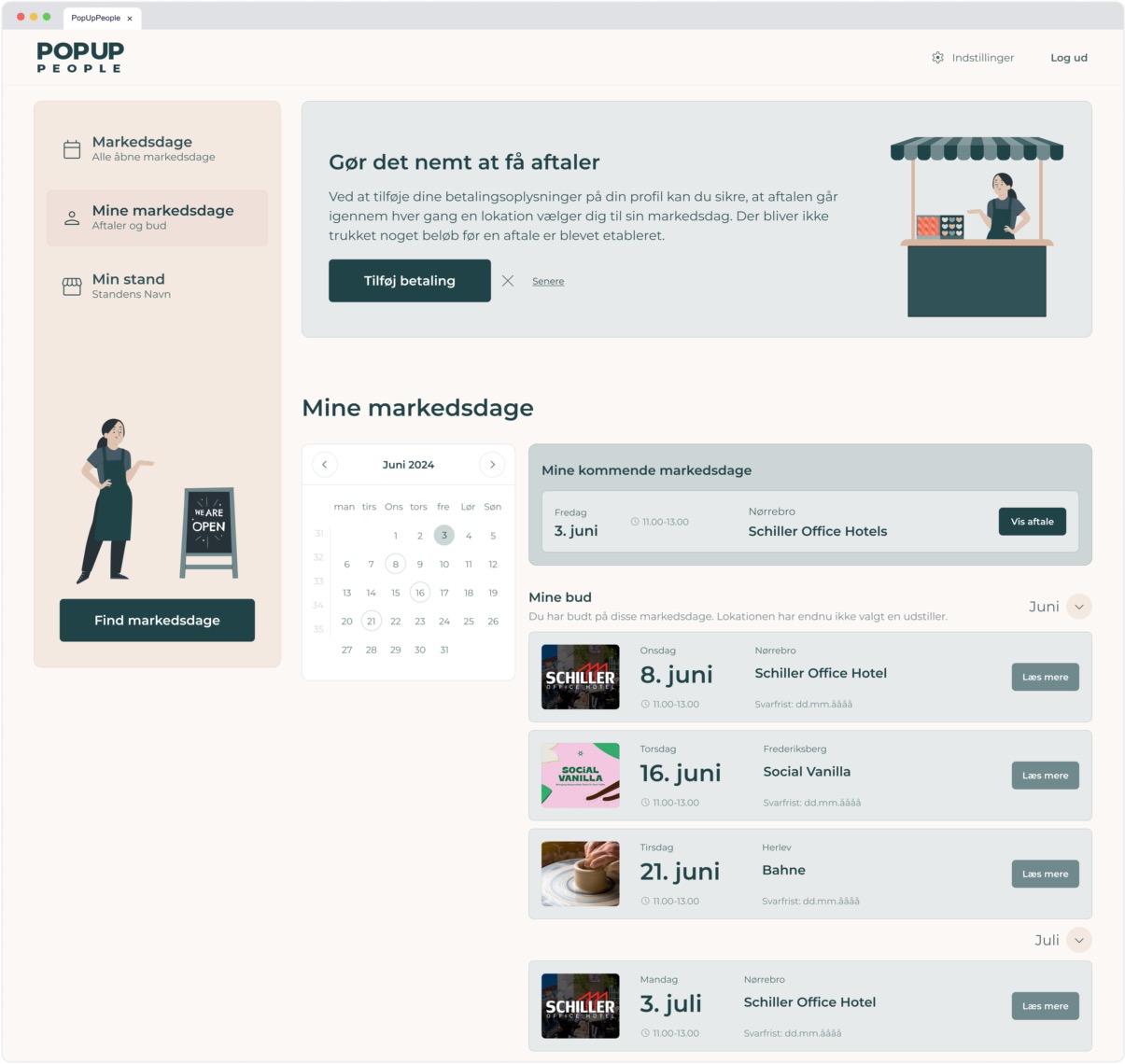 Discovery page showing a grid of upcoming market-day cards with dates, times, venue names, images, and "LƦs mere" and "Byd" buttons plus filter dropdowns.